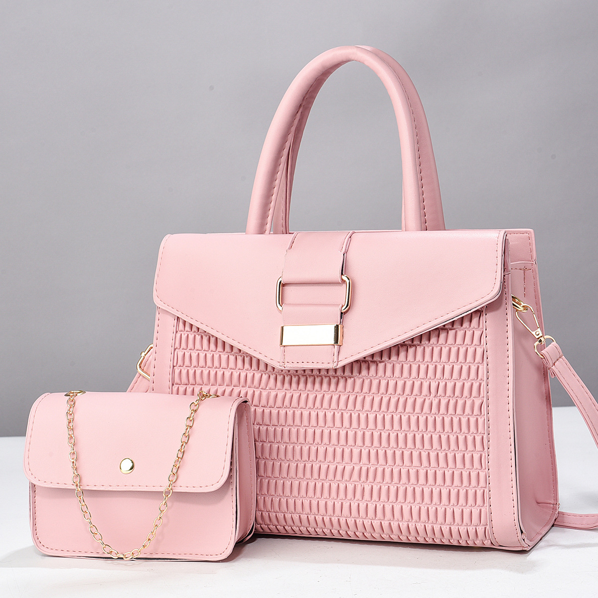 Elegant 2-Piece Faux Leather Handbag Set - Chic White Top Handle Tote & Chain Crossbody Mini Purse