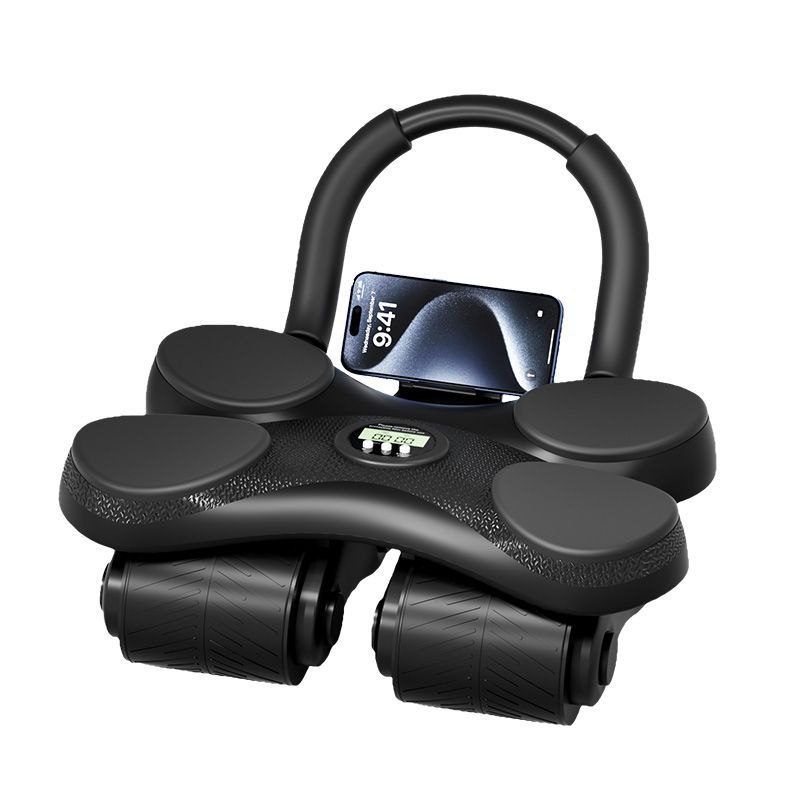 Automatic Rebound Four-Wheel Abdominal Wheel/Roller Kit With Timer, U-Shaped Handles, And Kneeling Mat (Black)
