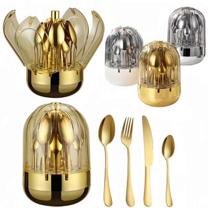 Premium-stainless-steel 24-piece Golden Cutlery (knives, Spoons & Fork) In Egg-shaped Casing.