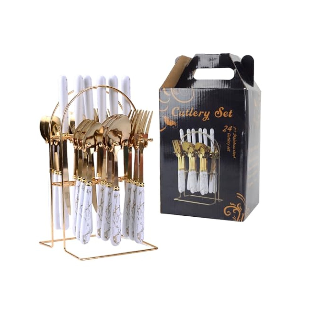 24-piece Knife, Fork And Spoons, Stainless Steel Premium Gold & Emerald Cutlery Set With Holder