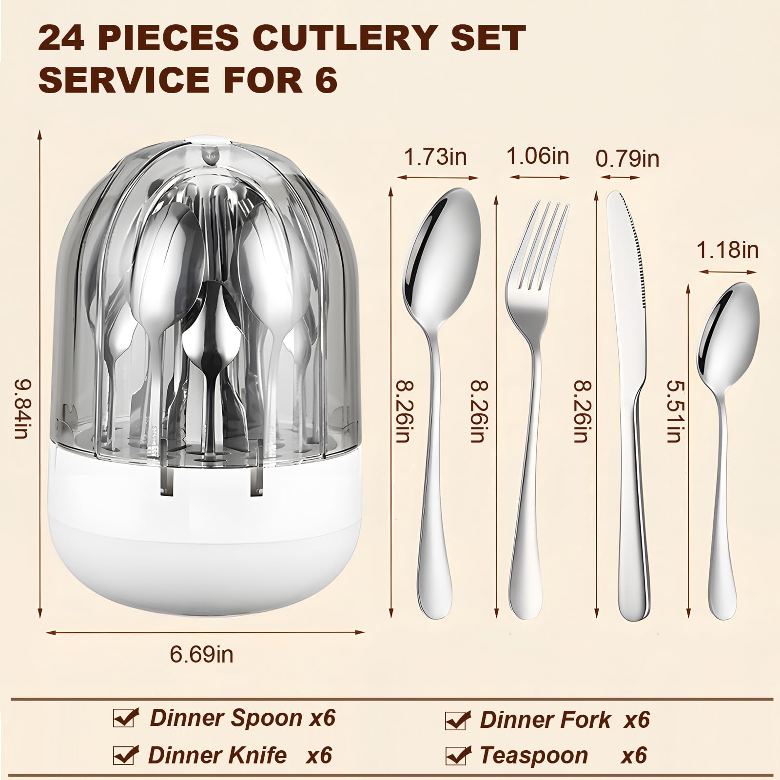 Premium Stainless Steel 24-piece Silver Cutlery (knives, Spoons & Fork) In Egg-shaped Casing.