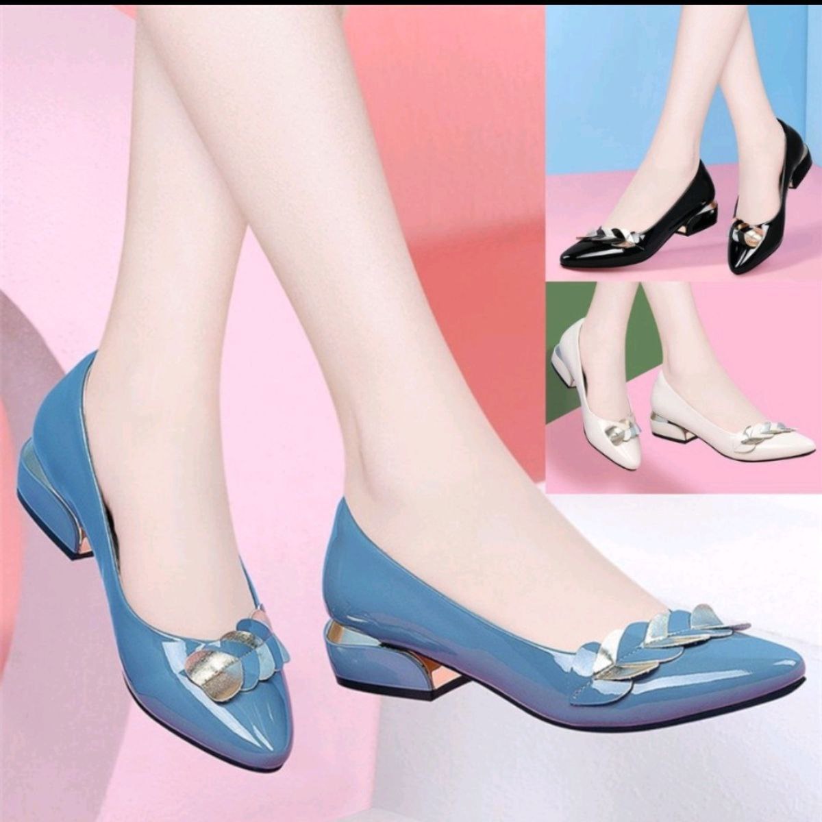 Stylish Korean Patent Leather Low-heel Pumps With Decorative ...
