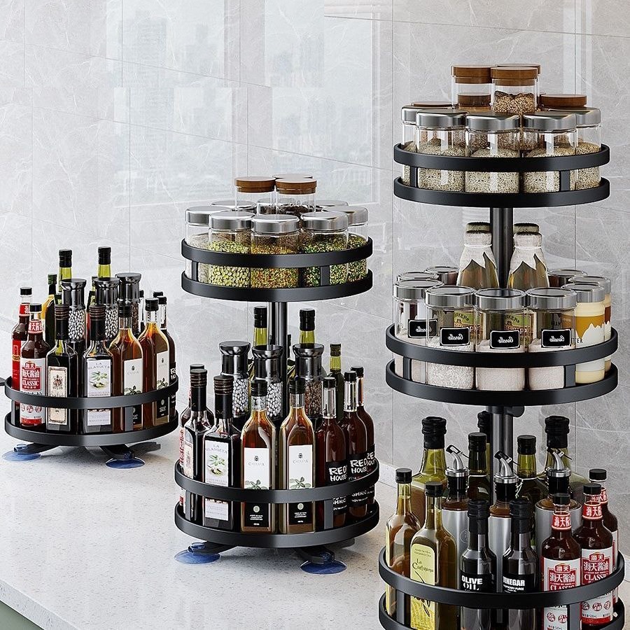 3 Layer Steel Black Round Rotating Multi-function Kitchen Org...