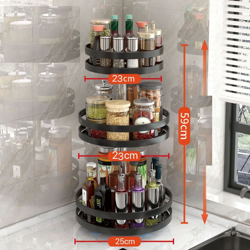 3 Layer Steel Black Round Rotating Multi-Function Kitchen Organiser Shelf, Spice Seasoning Kitchen Countertop Storage